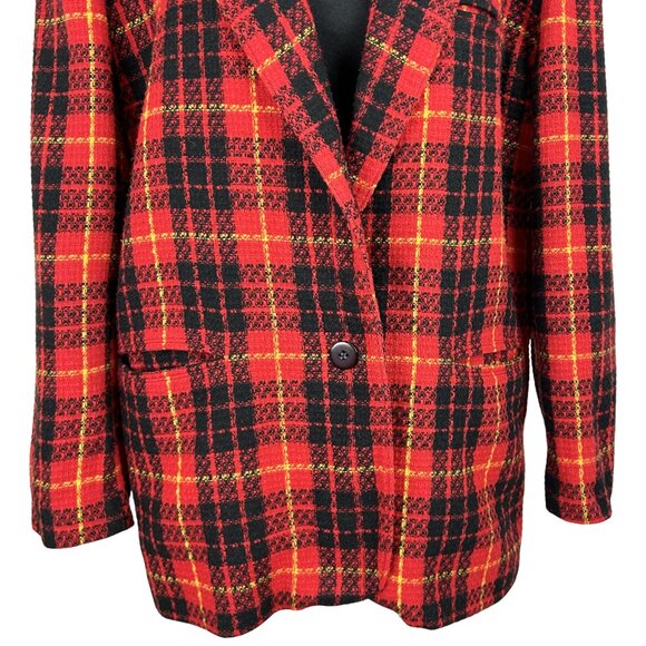 VINTAGE 80s Red Plaid Classic Tweed Blazer - Picture 3 of 10